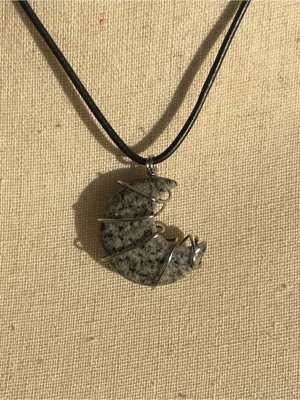 Diorite Moon Necklace on Gray Leather Cord Stainless steel Hardware Handmade